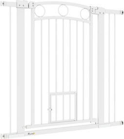 PawHut Kutya Biztonsági Kapu, 76-104 cm Átjáró Kapu Fúrás Nélkül, Acél Lépcsővédő Kapu Macskaajtóval, Biztonsági Kapu Lépcsőkhöz, Ajtókhoz, Közlekedők
