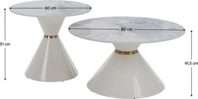 Dohányzóasztalok, 2 db-os szett, fehér márvány/fehér/arany, acél, MABUZ
