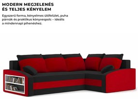 Grande sarokkanapé polcokkal , polc a bal karfaban, jobboldali, szövet anyag, hab töltet, fekete - piros