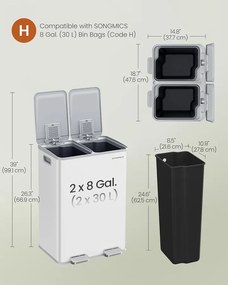 SONGMICS szelektív szemetes, 2 x 30 L, lágy záródás, matt fehér