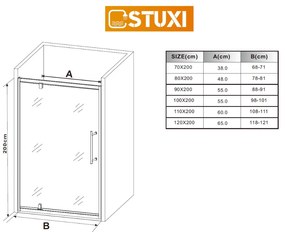 Stuxi Torino 120 cm széles nyílóajtós zuhanyajtó 6 mm vastag vízlepergető biztonsági üveggel, króm elemekkel, 200 cm magas