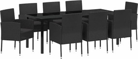 vidaXL Kert étkező szett párnával 9 pcs Fekete polirattan
