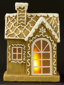 LED-es karácsonyi lámpás barna mézeskalács házikó kéményes havas tetővel asztali dekoráció 32x23x11cm