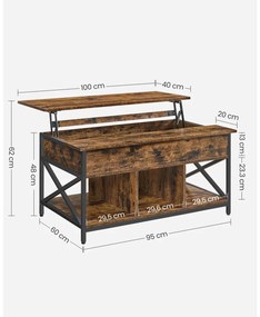 Dohányzóasztal, emelhető asztallappal, rejtett tárolóval, rusztikus barna, 60x100x(48-62) cm