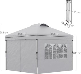 Outsunny Összecsukható Kertipavilon Pop-up Recepiós Sátor 3x3 Állítható Magasságú Oldalfalakkal, Szellőzőkkel, Ablakokkal és Kerekes Hordtáskával 300D