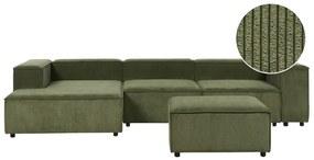 Kombinálható háromszemélyes jobb oldali zöld kordbársony kanapé ottománnal APRICA Beliani