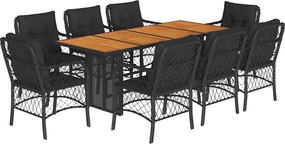 vidaXL 9 részes fekete polyrattan kerti étkezőgarnitúra párnákkal