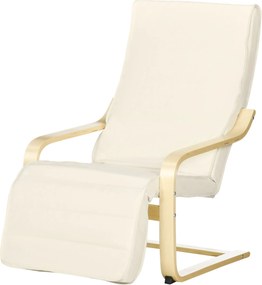 HOMCOM Karosszék - Nappali Fekvőszék Karfákkal, Bükkfából készült, 5-fokozatú lábtartó, Olvasószék Vászonhatású Kárpitozással, Hálószobába is, Krémfeh