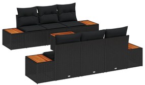 7 darabos kerti kanapé szett párnákkal fekete poli rattan akáciából