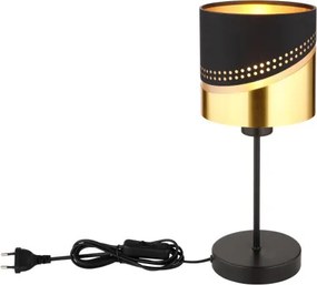Globo 54046T Asztali lámpa fém fekete matt, textil fekete, műanyag aranyszínű, fekete PVC kábel, billenőkapcsoló a kábelen, ø: 160mm, M: 380mm, kábel hossza 1500mm, 1x E27 40W 230V izzó nélkül