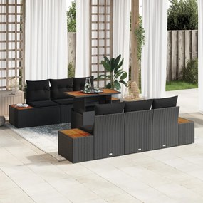 7 Pieces Kerti Kanapé Szett Párnákkal Fekete Poli Rattan