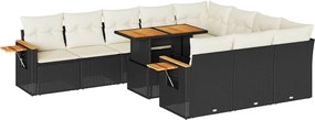 vidaXL 11 részes fekete polyrattan akácfa kerti ülőgarnitúra párnákkal