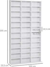 HOMCOM CD/DVD Tároló Polc 1116 CD-hez 36 Magasságban Állítható Rekesszel 195 x 102 x 23.5 cm Fehér | Aosom