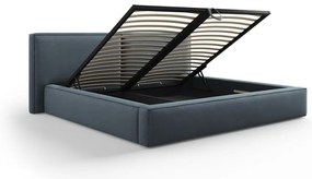 Sötétkék kárpitozott franciaágy tárolóhellyel, ágyráccsal 140x200 cm Arendal – Cosmopolitan Design