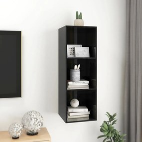 magasfényű fekete szerelt fa fali TV-szekrény 37 x 37 x 107 cm