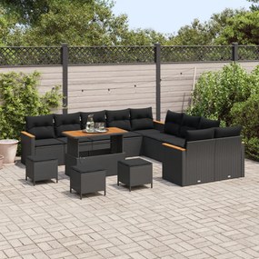 14 Részes Kert Sofa Készlet Párnákkal Fekete Poli Rattan Akácia