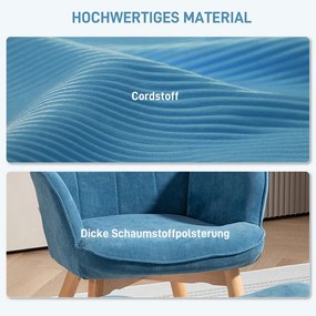 Karfás fotel lábtartóval, relax fotel, kárpitozott, kordbársony hatású, kék