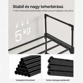 Keskeny 10 szintes cipőtartó akár 20 pár cipőhöz, 45 × 30 × 174 cm, fekete