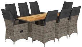 9 részes szürke polyrattan kerti bisztrógarnitúra párnákkal