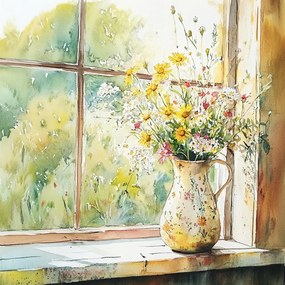 Vászonkép Canvas Ablak Dekoráció Mezei Virágok Csokor Kancsó 40x40