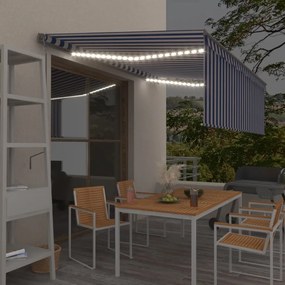 kék és fehér redőnyös, szélérzékelős, LED-es napellenző 4x3 m