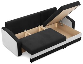 Hewlet sarokkanapé, 2 ágyneműtartóval, szövet anyag, univerzális oldal, hab töltet, fekete - fehér