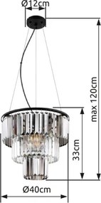 Globo 15695H Függeszték fém fekete matt, füstszínű/átlátszó üvegkristályok, fekete PVC kábel, magassága rövidíthető, ø: 400mm, M: 1200mm, 3x E27 40W 230V izzók nélkül