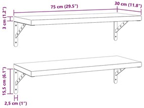 2 db fekete rozsdamentes acél fali polc 75 x 30 cm
