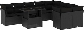 vidaXL 10 részes fekete polyrattan kerti ülőgarnitúra párnákkal