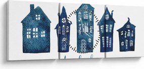 Kép - Kék akvarell házak (órával) (90x30 cm)