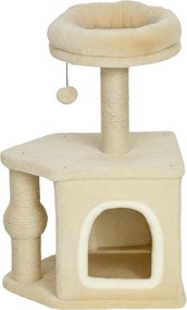 PawHut Macskakarmoló 66 cm magasságú Macska Fa Mászótorony, Ágybarlanggal és Lógó Labdával, Juteposzttal - Bézs | Aosom