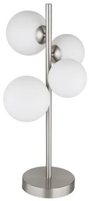 Globo 56140-4T Asztali lámpa fém nikkel matt, üveg fehér, kábel PVC fekete, billenőkapcsoló a kábelen, HxSzxM: 270x230x510mm, kábelhossz 1500mm, üveg átmérő: 2x10cm, 2x12cm, benne 4x G9 LED 3.5W 230V, 350lm forrás, 310lm kimenet, 3000K
