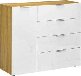 HOMCOM Hálószoba Komód Nappali Bútor 4 Magas Fényű Fiókkal és Állítható Polcokkal Étkezőbe 105x35x92 cm Fehér és Natur | Aosom