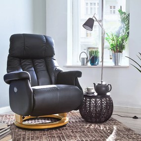 CALGARY Comfort XL Fekete bőr relax fotel lábtartóval natúr lábbal