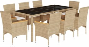 vidaXL 9 részes bézs polyrattan/üveg kerti étkezőgarnitúra párnákkal