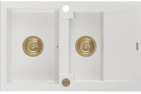 Mexen Gaspar, gránit mosogató 737x475x177 mm, 1,5 kamrás, fehér, arany szifonnal, 6507731505-20-G