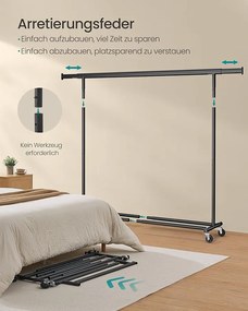 Ruhatartó állvány kerekekkel, nagy teherbírású gurulós gardróbállvány, max. 150 kg terhelhetőség, fekete