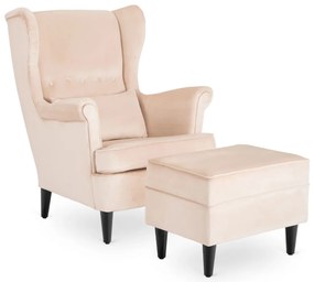 Elegáns Füles Fotel Lábtartóval, Bézs Bársony Kárpittal. EVAN 2