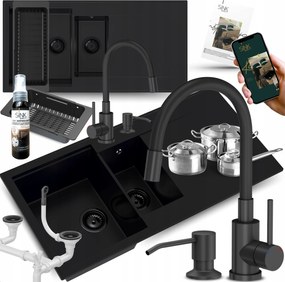 Kétrekeszes Mosogató Csepegtetővel Fekete Gránit Konyhai Csaptelep