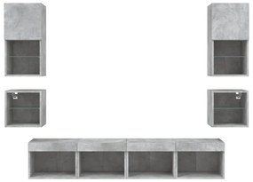 8 darab betonszürke szerelt fa fali TV-bútor LED-del