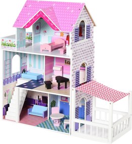 HOMCOM 3-Szintes Fa Babaház Terasszal 86x30x87 cm 13 Darab Bútorral és Kiegészítőkkel Hóbortos Dizájn | Aosom