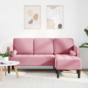 Kerti kanapé padokkal és párnákkal L-alakú rózsaszín bársonyos, 3 személyes kanapé chaise longue világos rózsaszín 160 cm bársonyból, Zsöllye rózsaszín 113x57x39 cm bársonyos