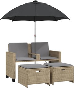 vidaXL 2 személyes bézs polyrattan kerti kanapé napernyővel/székkel