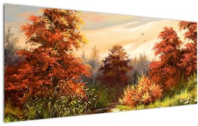Kép egy folyóról egy őszi tájban, olajfestmény (120x50 cm)