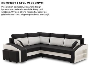 Grande sarokkanapé polcokkal és puffokkal , polc a jobb karfaban puffok a bal karfaban, baloldali, szövet anyag, hab töltet, fekete - fehér