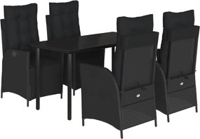 vidaXL 5 részes fekete polyrattan kerti étkezőgarnitúra párnákkal