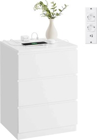 Éjjeliszekrény, oldalasztal 3 fiókkal, 2 ac aljzattal és 2 usb porttal, fehér