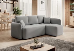 Világosszürke bársony kinyitható-tárolóhelyes sarokkanapé (jobb oldali-heverő résszel) Hadson – ELTAP