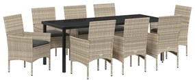 9 Részes Kerti Étkezőszett Párnákkal, Világosszürke Poli Rattan, Kerti Asztal, Fekete 200x80x73 cm, Edzett Üveggel