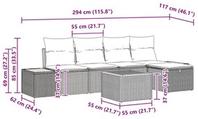 6 db-os kerti kanapé szett párnákkal szürke poly rattan